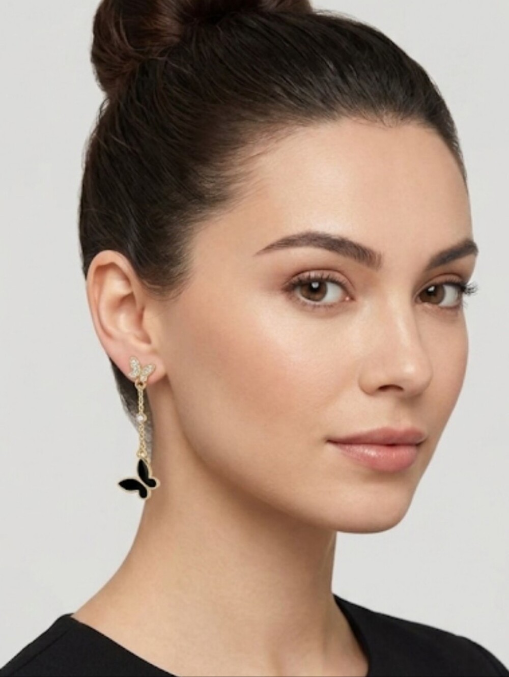 Gold and Black Butterfly Drop Earrings, NIP